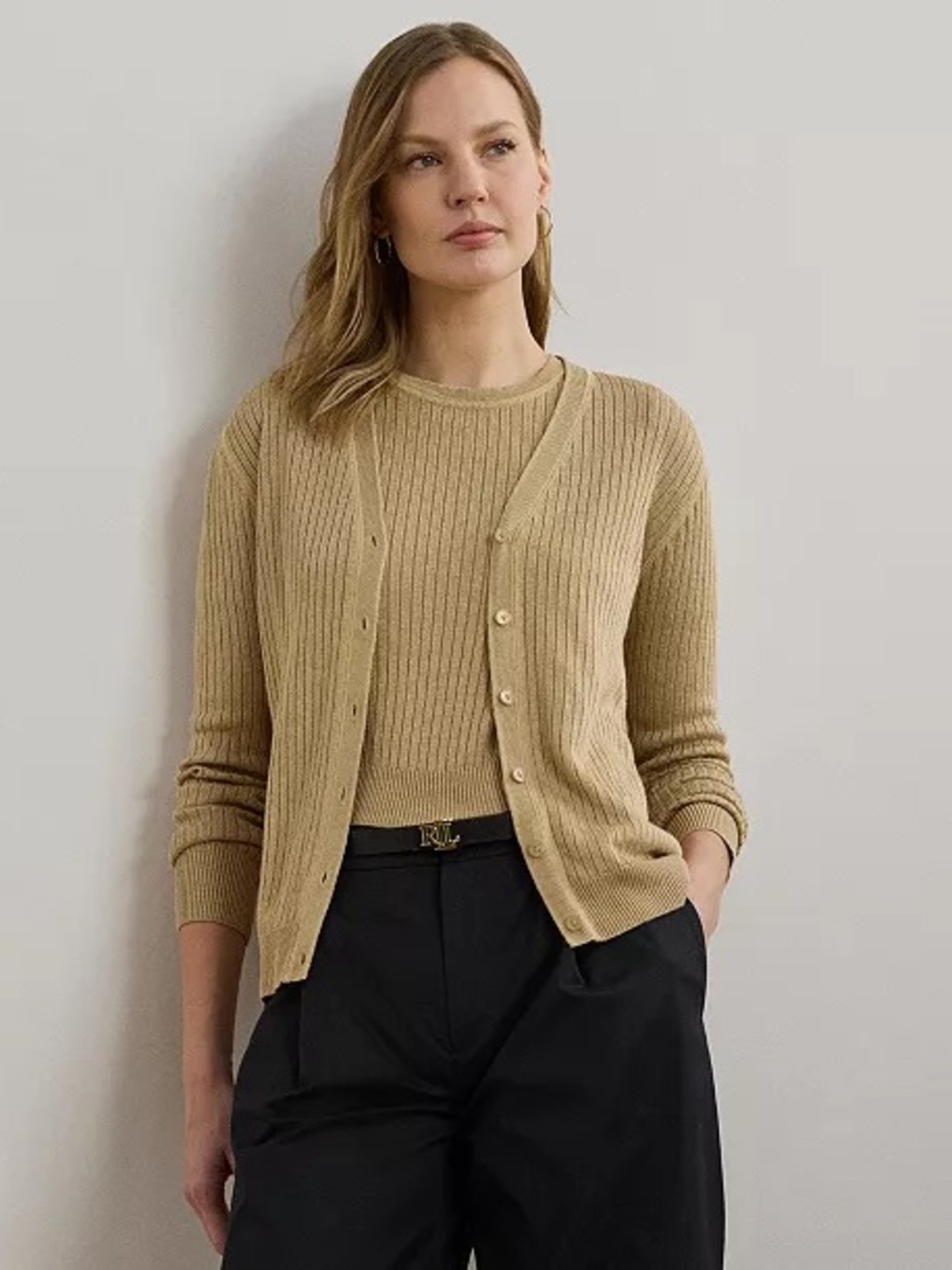 Lauren Ralph Lauren Beige Ribbed Crewneck Sweater and Cardigan Set